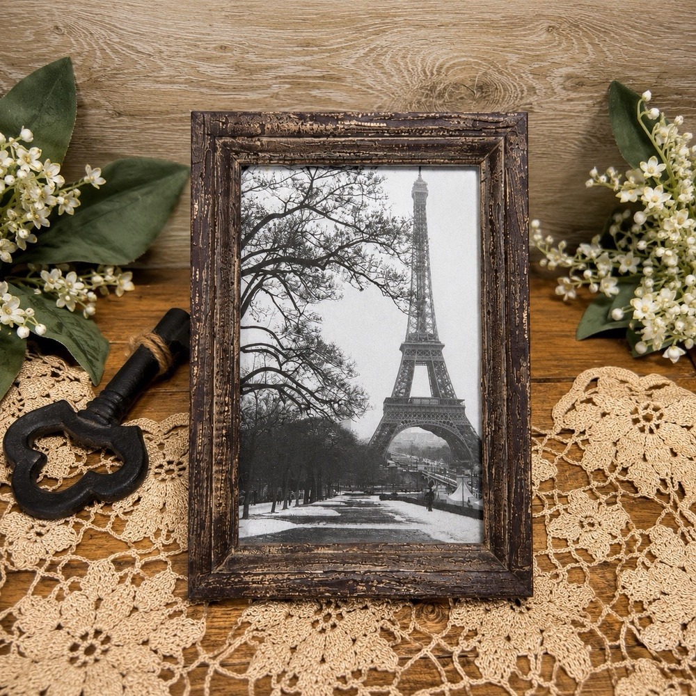 Vtg Style Paris Print with Key, Distressed Wood Frame, French Cottage Decor New